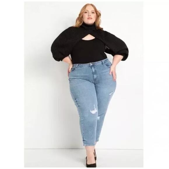 NWT NEW‎ Eloquii Classic Fit Stretch Denim Mom Jean Denim Jeans Distressed - Picture 2 of 16